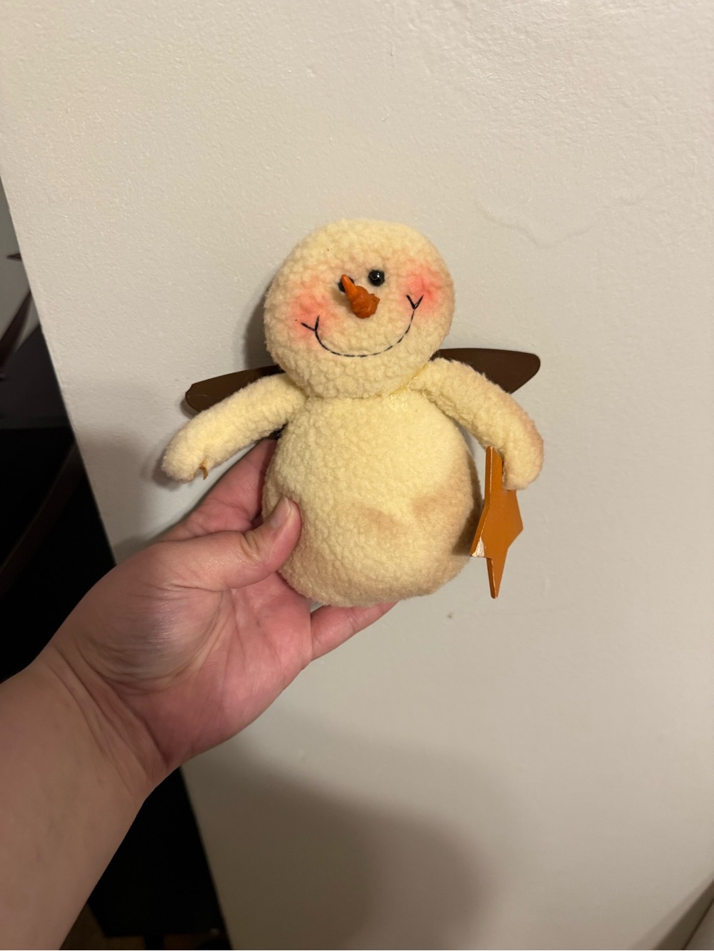 Yellow Plush Snowman Angel Holiday Figure - Soft Festive Décor.